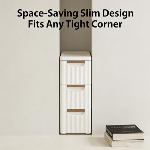 Small Bathroom Storage Cabinet, 3-Drawer Slim Rolling Storage Cart with 4 Casters, Narrow Plastic Storage Drawers for Bathroom Bedroom Kitchen Classroom, Space-Saving Mobile Cabinet