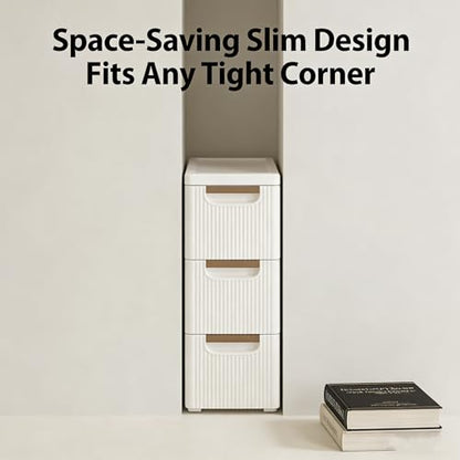 Small Bathroom Storage Cabinet, 3-Drawer Slim Rolling Storage Cart with 4 Casters, Narrow Plastic Storage Drawers for Bathroom Bedroom Kitchen Classroom, Space-Saving Mobile Cabinet