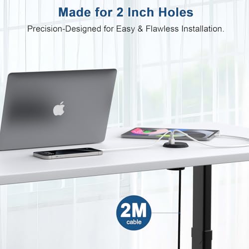 Desk Power Grommet, Haylink Recessed Power Outlet with AC Plug & Fast Charging USB A+C | 6.56FT Cable | 2" Pre-Cut Hole| for Modern Desk, Kitchen Island & Workshop, Black