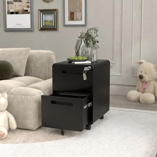Garvee Mobile File Cabinet with Lock, 2 Drawer File Cabinet with Lock | 2 Drawer Under Desk Metal Rolling Filing Cabinets for Home Office Legal/Letter File Folders, Fully Assembled - color: Black Color
