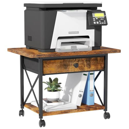 EasyCom Large Printer Stand with Fabric Storage Drawer and Locking Wheels - color: Rustic Brown, size: Large