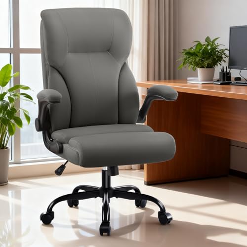 Executive Office Chair,High Back Ergonomic Comfy Desk Chair with Padded Flip-up Armrests and Wheels,PU Leather Heavy Duty Computer Swivel Rolling Task Chair for Home Office,Adults,Gray - color: Grey