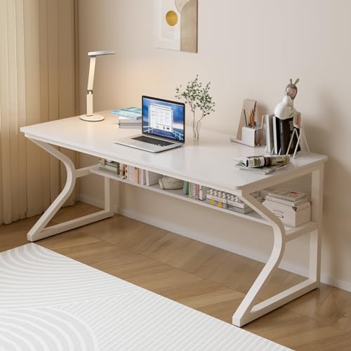 55-Inch Extra Long Desk with Storage Shelf, Warm White | Double Long Writing Table, Space-saving, 2-Person Workstation, Modern Study Work Computer Desk, For Home Office - color: Warm White, size: 55x23.6 inch