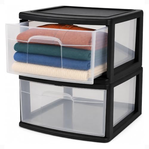 HOMZ Drawer Storage Cart, Wide Plastic Container, Black Frame, 2-Pack - color: Black frame with clear drawers, size: 15 inches