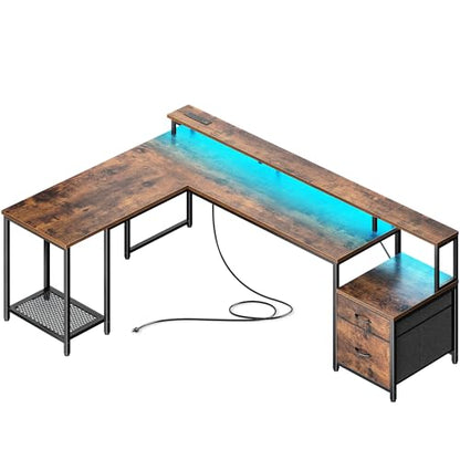 PRAISUN 66" L Shaped Gaming Desk with LED Lights & Power Outlets - color: Rustic Brown