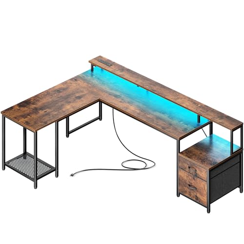 PRAISUN 66" L Shaped Gaming Desk with LED Lights & Power Outlets - color: Rustic Brown