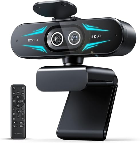 EMEET C60E Dual-Camera 4K Webcam for Streaming, Wide-Angle and Telephoto Cameras, Max 11X Hybrid Zoom & PDAF Autofocus, Remote Control, RGB Lighting, 2 Mics, Ideal for Livestreaming and Online Meeting - style: Dual-Camera w/ Remote