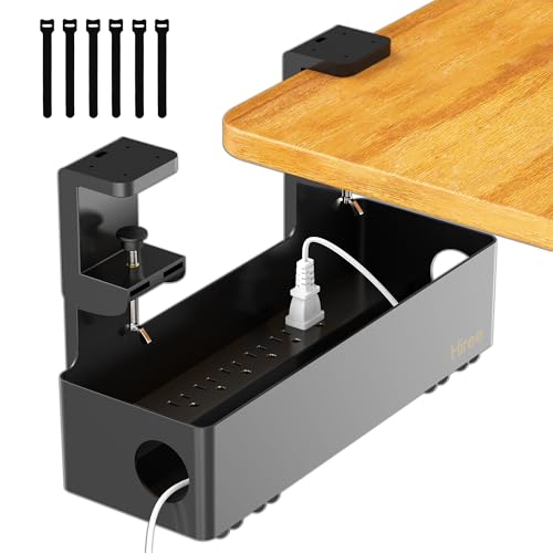 Under Desk Cable Management Tray with 6 AC Power Outlet and Clamp Mount, No Drill Cord Storage Organizers for Wire Management, Standing Desk, Computer Cord Rack for Office & Home (Black)