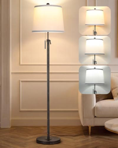 Antique Black Gold Floor Lamp Adjustable Height 55" to 65" Tall Standing - color: Retro Black Gold+White Shade