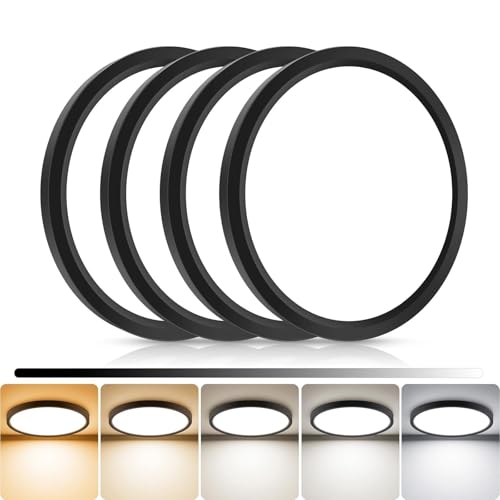 libtit 4Pack 7inch LED Flush Mount Ceiling Light, Dimmable & 5Color Temperatures (3000K-6500K), 15W Round Slim Black Light Fixture for Closet Hallway Kitchen Bathroom Laundry - color: Black, size: 7inch-4pack