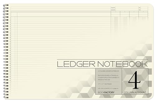 4 Column Accounting Ledger Book, Wire-O, 100 Pages | Large Columnar Log Book, Landscape Format, 17'' x 11'' - Made in USA - size: 4 Column, style: Wire-O