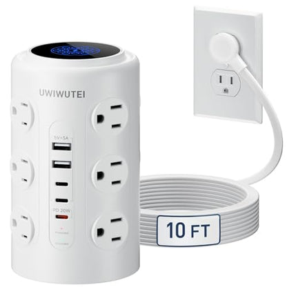 10FT Tower Power Strip with Dedicated 20W PD USB-C Port - color: White, size: 10FT