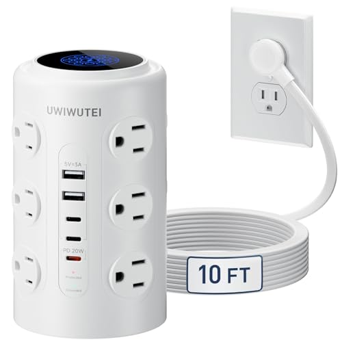 10FT Tower Power Strip with Dedicated 20W PD USB-C Port - color: White, size: 10FT