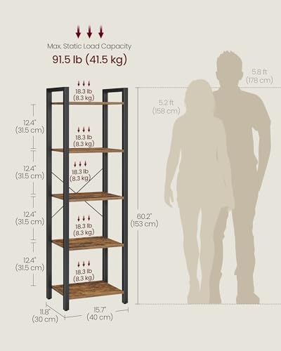 VASAGLE 5-Tier Bookshelf, Bookcase Book Shelf with Steel Frame, - color: Rustic Brown + Ink Black, size: 5 Tiers (11.8"D x 15.7"W x 60.2"H)