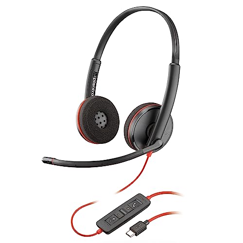Poly Blackwire 3220 Wired Headset with Mic, Hi-Fi Stereo Sound, Noise-Canceling Mic, Stereo Design, Connect to PC via USB-C & USB-A Adapter, (Renewed)
