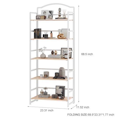JSB 5 Tier No Assembly Folding Bookshelf, Arched Bookshelf, Foldable Bookcase for Living Room, Bedroom, Office,Skinny Bookshelf (White) - color: White, size: 5-Tier