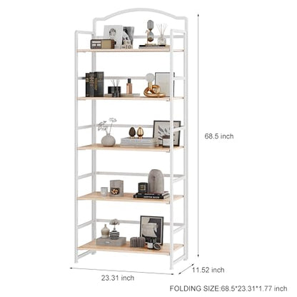 JSB 5 Tier No Assembly Folding Bookshelf, Arched Bookshelf, Foldable Bookcase for Living Room, Bedroom, Office,Skinny Bookshelf (White) - color: White, size: 5-Tier