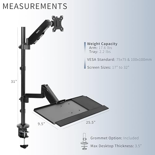VIVO Sit-Stand Height Adjustable Pneumatic Spring Arm Keyboard Tray Desk Mount for 1 Screen up to 32 inches STAND-SIT1B - size: Desk Mount - Single