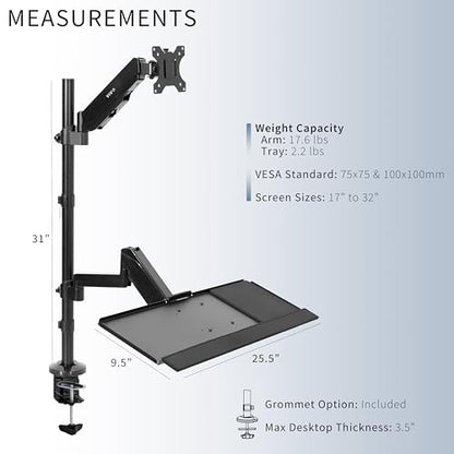 VIVO Sit-Stand Height Adjustable Pneumatic Spring Arm Keyboard Tray Desk Mount for 1 Screen up to 32 inches STAND-SIT1B - size: Desk Mount - Single