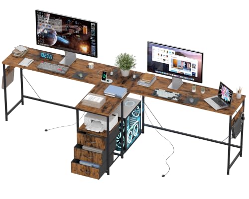 2 Person Computer Desk, 87" Long Gaming Desk for 2 People | Double Desk with 3 Fabric Drawers and 2 Power Outlets, Home Office Table for Adults and Teenagers, Rustic Brown - color: Rustic Brown, size: 35.4"D x 86.6"W x 30.7"H