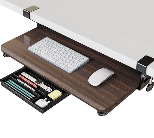 Fenge Keyboard Tray Under Desk with C-Clamp Mount & Drawer, 25.6" x 11.8" | Sliding Keyboard & Mouse Holder for Desk, Large Slide-Out Platform with Storage Drawer for Typing, Brown - color: Brown