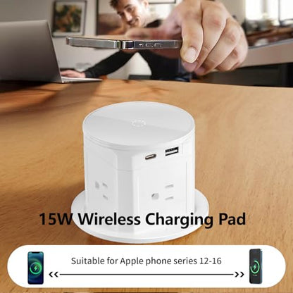 Pop Up Countertop Outlet with 15W Wireless Charger,Pop up Outlet,Max 20W USB Power Delivery,Free 3.94"（100mm） Hole Opener,Pop Up Electrical Outlet with 4 Outlets 15A, 2 USB Ports for Home Office.