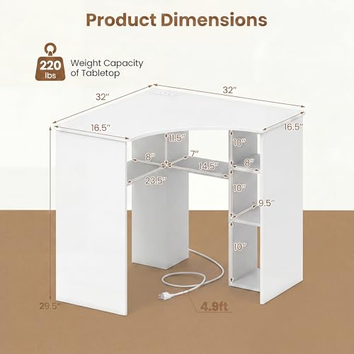 GOFLAME White Corner Desk with Charging Station, Small Corner Desk with Storage Shelves, Triangle Computer Desk, Study Writing Table for Home Office, Small Spaces