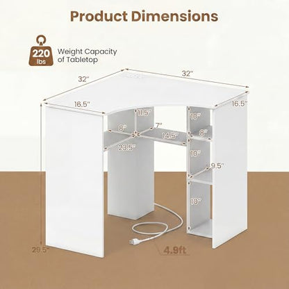 GOFLAME White Corner Desk with Charging Station, Small Corner Desk with Storage Shelves, Triangle Computer Desk, Study Writing Table for Home Office, Small Spaces