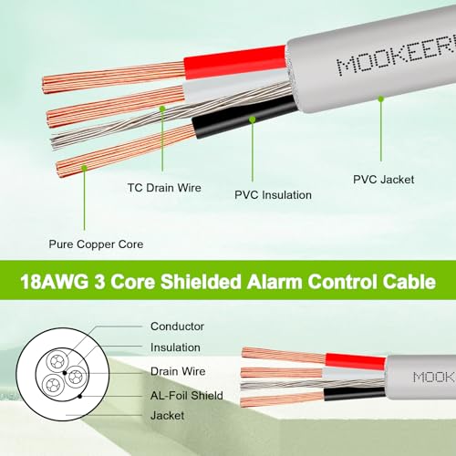 MOOKEERF 18/3 Shielded Wire 18 AWG 3 Conductor Stranded Shielded Plenum Cable 50FT White CL3P Jacket for Security/Alarm/Access Control/Sound-18AWG 3 Conductors Wire - size: 50FT, style: 18/3