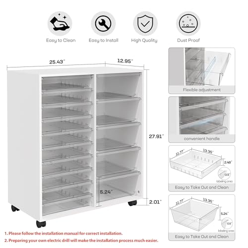 WOPITUES Mobile Storage Cabinet with 15 Clear Drawers, Modern White | Craft Cabinet with 5 Large Drawers, Cart with Wooden Tabletop, Printer Stand Home Office, Dresser Chest - color: White, size: 10M+5L