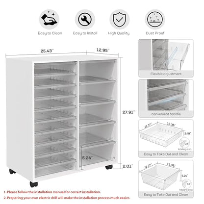 WOPITUES Mobile Storage Cabinet with 15 Clear Drawers, Modern White | Craft Cabinet with 5 Large Drawers, Cart with Wooden Tabletop, Printer Stand Home Office, Dresser Chest - color: White, size: 10M+5L