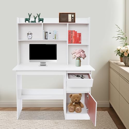 Computer Work Desk,Simple Style Writing Desk with Filing Cabinet,Study Table with Hutch,Workstation Table with Drawer Cabinet Shelf (Warm White, 39.37 * 15.74 * 55.9in)