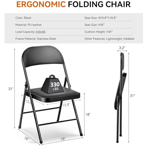 Fenbeli 10 Pack Padded Folding Chairs with Cushion, Black PU Leather Foldable Chairs for Church, Banquet, Events & Commercial, 330-Pound Heavy-Duty Steel Frame, Auto-Lock Hinge, Wipe-Clean, Folds Flat - color: Black, size: Set of 10