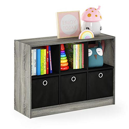 Furinno Basic 6-Cube Book Shelf with Open Shelf, 3 x 2, French Oak - color: French Oak Grey/Black, size: 6-Cube with Bin