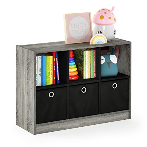 Furinno Basic 6-Cube Book Shelf with Open Shelf, 3 x 2, French Oak - color: French Oak Grey/Black, size: 6-Cube with Bin