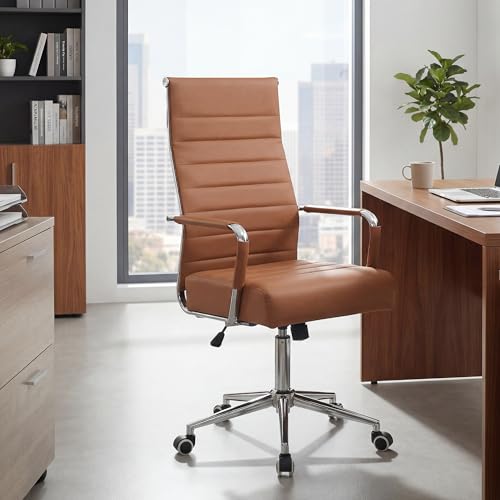 JOMEED Office Desk Chair,Conference Room Chair,High Back PU Leather Swivel | Modern Executive Ribbed Design, Ergonomic, Height Adjustable, Wheels and Arms, for Home Office(Brown-Silver Frame) - color: Brown-sliver Frame
