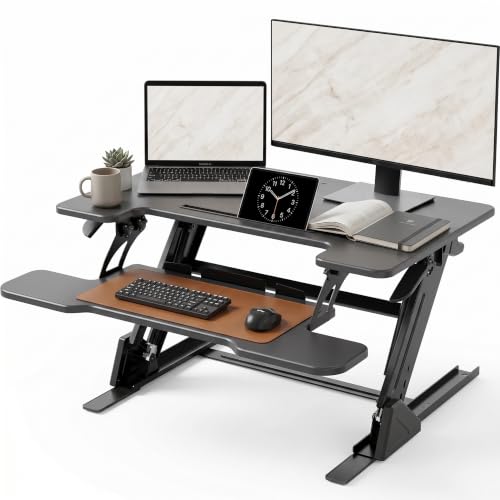YDN Standing Desk Converter 36 inch, Height Adjustable Sit Stand Up Desk Riser, Quick Sit to Stand Tabletop Dual Monitor Riser Workstation for Home Office with Keyboard Tray, Black - color: Black, size: 36inch