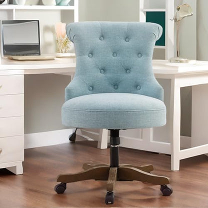 HUIMO Home Office Chair Upholstered Armless Swivel Desk Chair with Wheels | Adjustable Height Computer Desk Chair with Wooden Legs linen Comfortable Swivel Chairs for Farmhouse Study Studio Teal - color: Teal