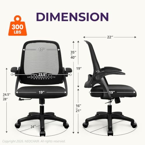 NEO CHAIR Office Desk Chair, Ergonomic Mesh with Flip-Up Arms, Dark Black - color: Dark Black