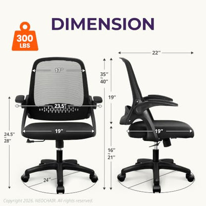 NEO CHAIR Office Desk Chair, Ergonomic Mesh with Flip-Up Arms, Dark Black - color: Dark Black