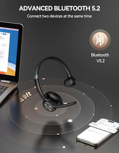 TECKNET Trucker Bluetooth Headset, Wireless Headset with Mic for Work, V5.2 Bluetooth Headphones with AI Noise Cancelling Microphone, 60H Battery, On-Ear Headphones for Call Center, Office, Drivers