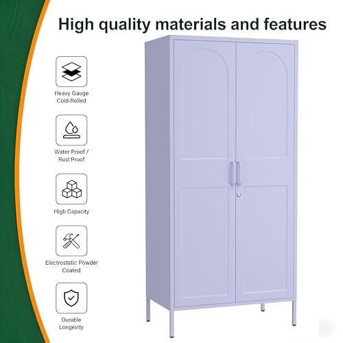 Metal Wardrobe with Lock, 67"Clothing Steel Storage Cabinet Locker, Hanging Rod And Adjustable Shelves, Puple 2 Doors Household kids wardrobe closet Lockers for Bedroom Cloak Room Home Office Gym - color: Purple, style: 67"H-Wardrobe-DY