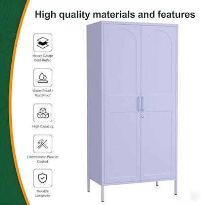 Metal Wardrobe with Lock, 67"Clothing Steel Storage Cabinet Locker, Hanging Rod And Adjustable Shelves, Puple 2 Doors Household kids wardrobe closet Lockers for Bedroom Cloak Room Home Office Gym - color: Purple, style: 67"H-Wardrobe-DY