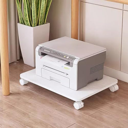 Home Mobile Under Desk Printer Stand,Wood Printer Shelf with Locking Casters,Rolling Printer Table cart for Small Spaces Office Home(19.6" W x 13.7" D x 2.3" H, White) - color: White, size: 19.6"W x 13.7"D x 2.3"H