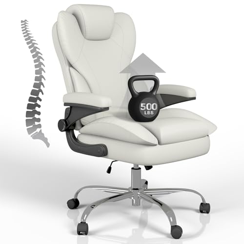 Home Office Chair with Flip-Up Arms, Leather Executive Desk Chair, White | Ergonomic Lumbar Support, 500 LBS Capacity, Memory Foam Seat, Adjustable Height, 360° Swivel Casters for Work Study - color: White
