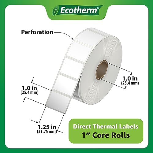 1.25" x 1" Thermal Labels | 4 Rolls | 1,380 Labels/Roll | 5,520 Total | fits Zebra, Munbyn, Rollo, Godex, Arkscan, iDPRT, Offnova Thermal Printers | Blank White Adhesive Stickers by Ecotherm - size: 1.25 x 1 - 5520 Labels