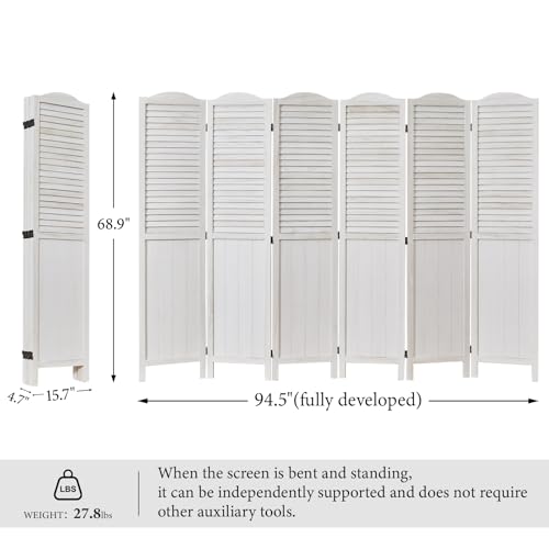 Room Dividers, 5.75Ft Individual Privacy Screens Foldable Wooden Louver & MDF Stable Wall Divider for Home Office Bedroom, 6 Panels (White-Washed) - color: White - Unique, size: 6 Panels
