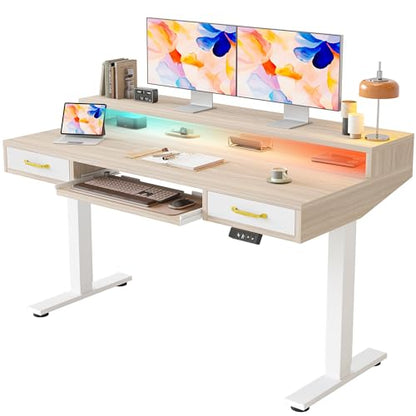 TIQLAB Standing Desk with Two Drawers, Stand Up Standing Desk Adjustable Height, Electric Sit Stand Table with Storage Shelf and Splice Board, with LED Light, 55 * 28 inch, Light Walnut - color: Light Walnut, size: 55*28 inch with keyboard tray