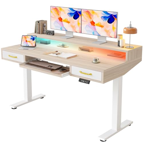 TIQLAB Standing Desk with Two Drawers, Stand Up Standing Desk Adjustable Height, Electric Sit Stand Table with Storage Shelf and Splice Board, with LED Light, 55 * 28 inch, Light Walnut - color: Light Walnut, size: 55*28 inch with keyboard tray