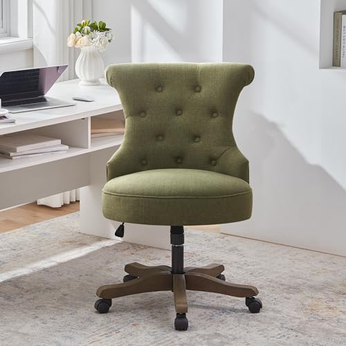 HUIMO Home Office Chair Upholstered Armless Swivel Desk Chair with Wheels | Adjustable Height Computer Desk Chair with Wooden Legs linen Comfortable Swivel Chairs for Farmhouse Study Studio Green - color: Green